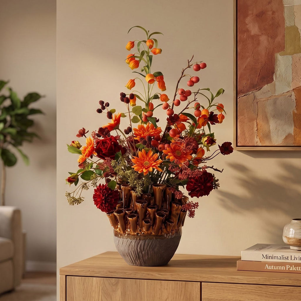Kunst herfstboeket Bente Tunis 75cm inclusief vaas