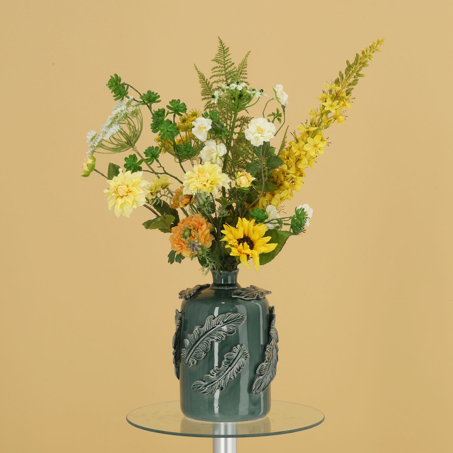 Handgebonden kunstboeket Vivianne Florence - Geel/Groen