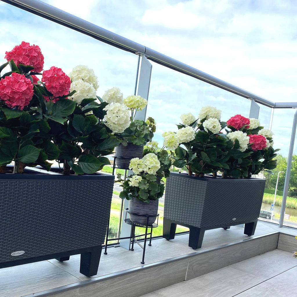 Roze kunsthortensia voor buiten met stelen van 80 cm, UV-bestendig.