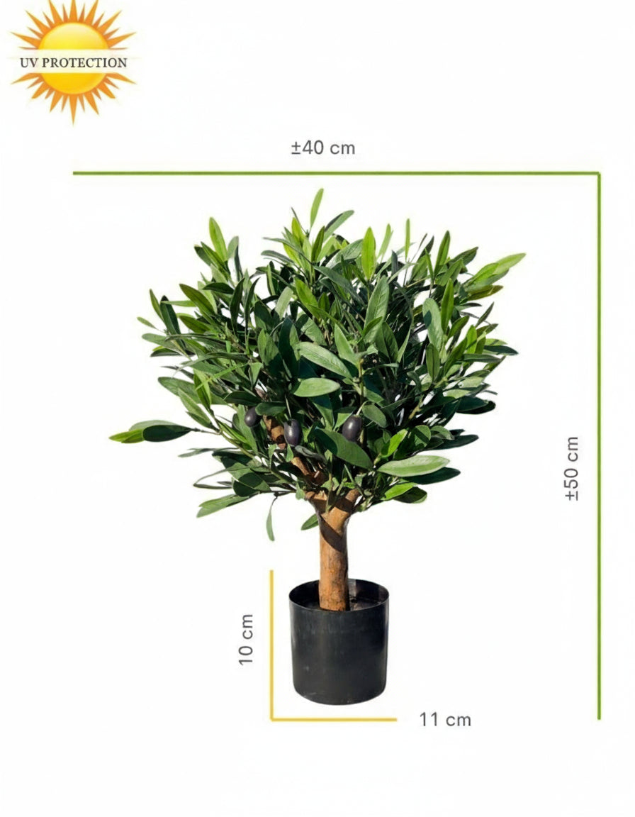 Kunstmatige olijfplant van 40 cm op een hardhouten steel met UV-bescherming.