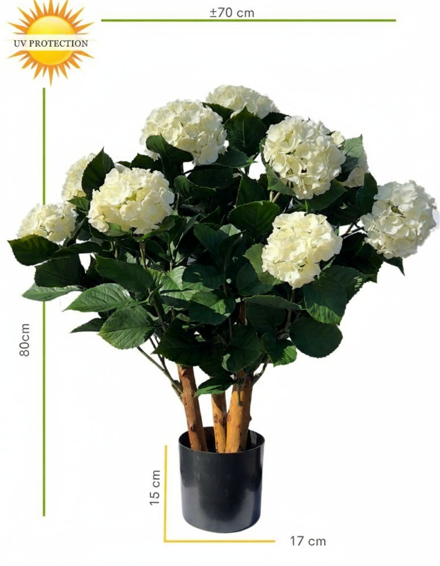 Kunsthortensia in wit, 80 cm, met UV-bescherming.