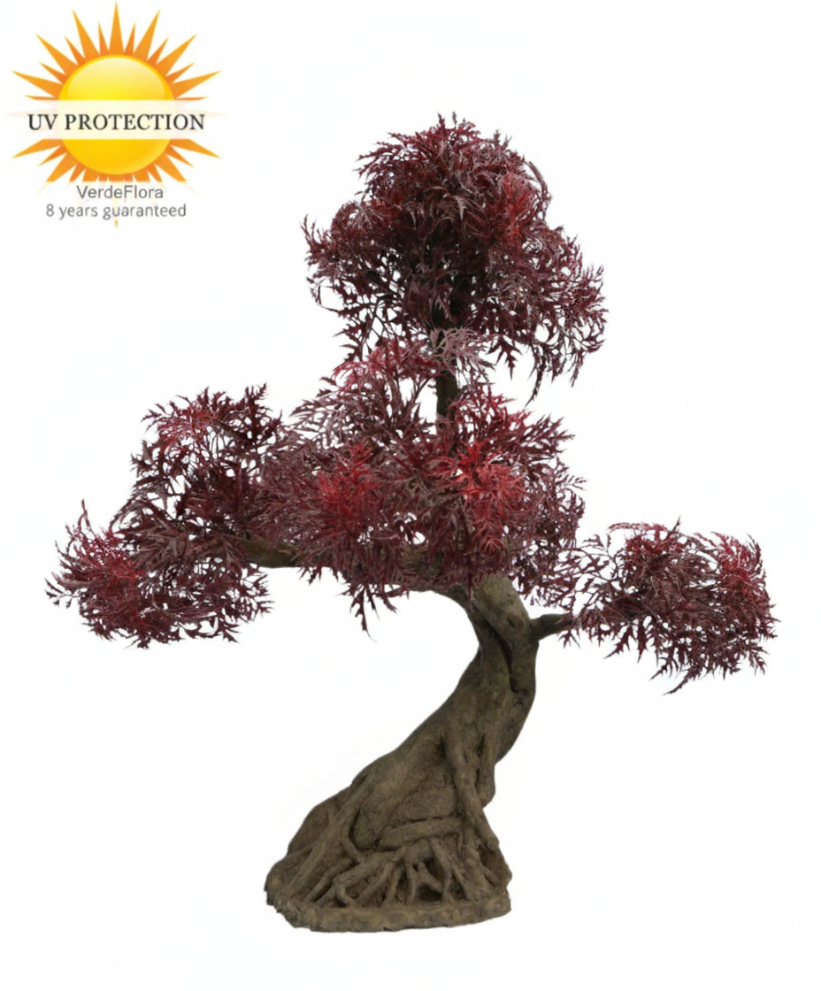 Kunstmatige Ming Aralia bonsai voor buiten in bordeauxrood met geteste UV-garantie.