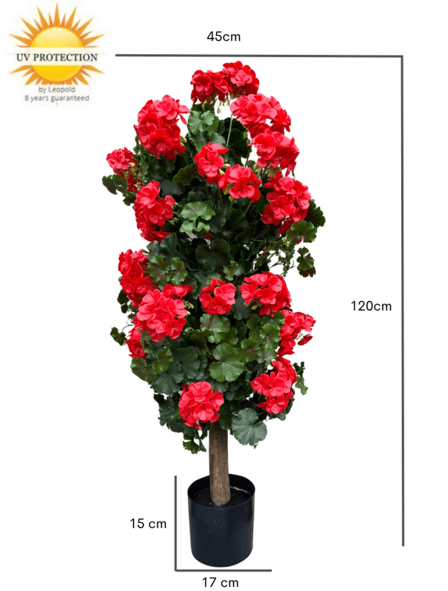 Kunstmatige plantenzuil met rode geraniums, 120 cm hoog, UV-bestendig.