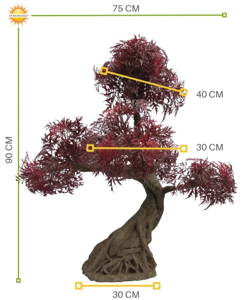 Kunstmatige Ming Aralia bonsai voor buiten in bordeauxrood met geteste UV-garantie.