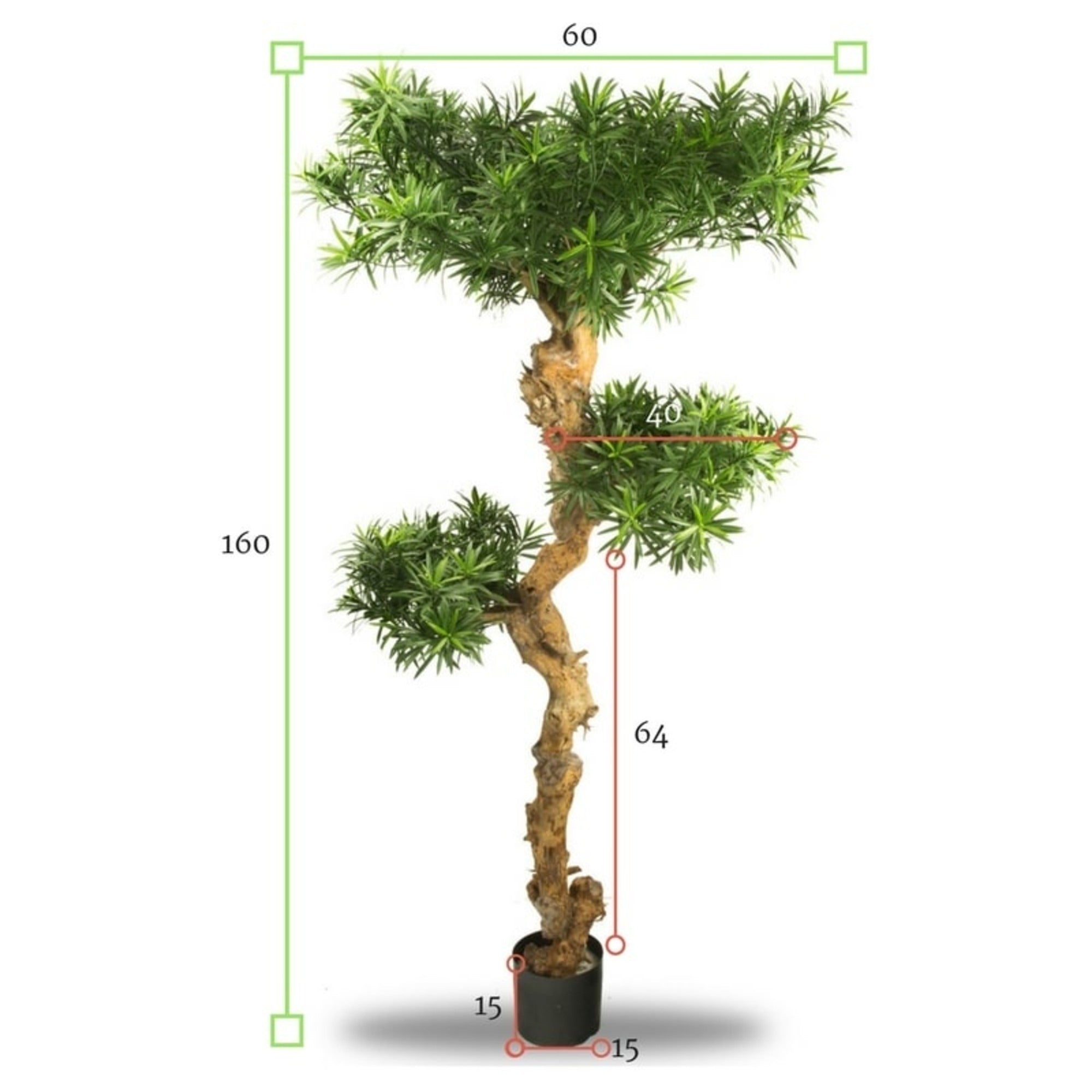 Kunstmatige Podocarpus bonsai voor buiten, 160 cm hoog, UV-beschermd.