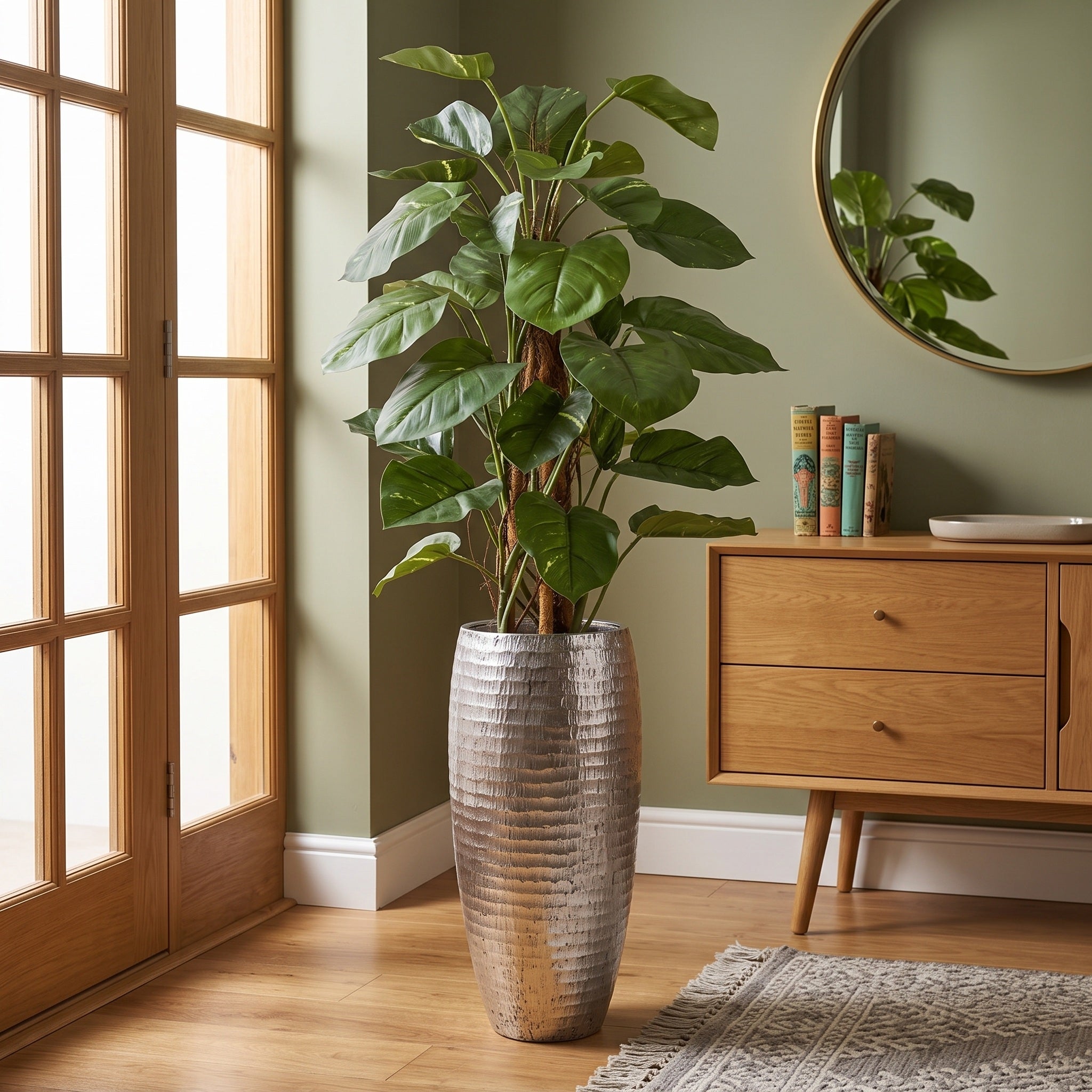 Pothos kunstklimplant 125 cm op mospaal in zilveren vaas naast eiken dressoir in een warme hal